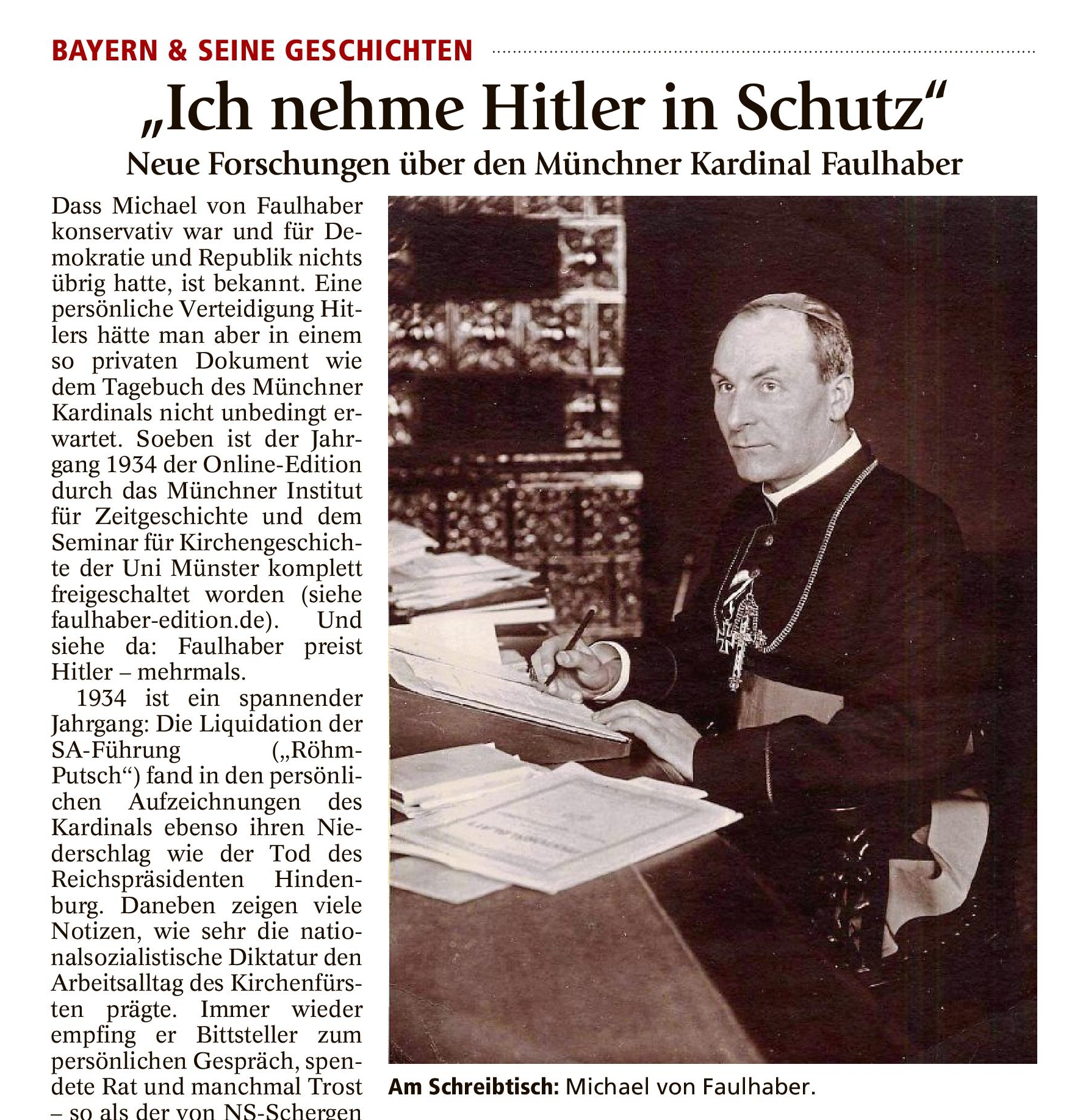 Artikel zur Faulhaber-Edition im Münchner Merkur